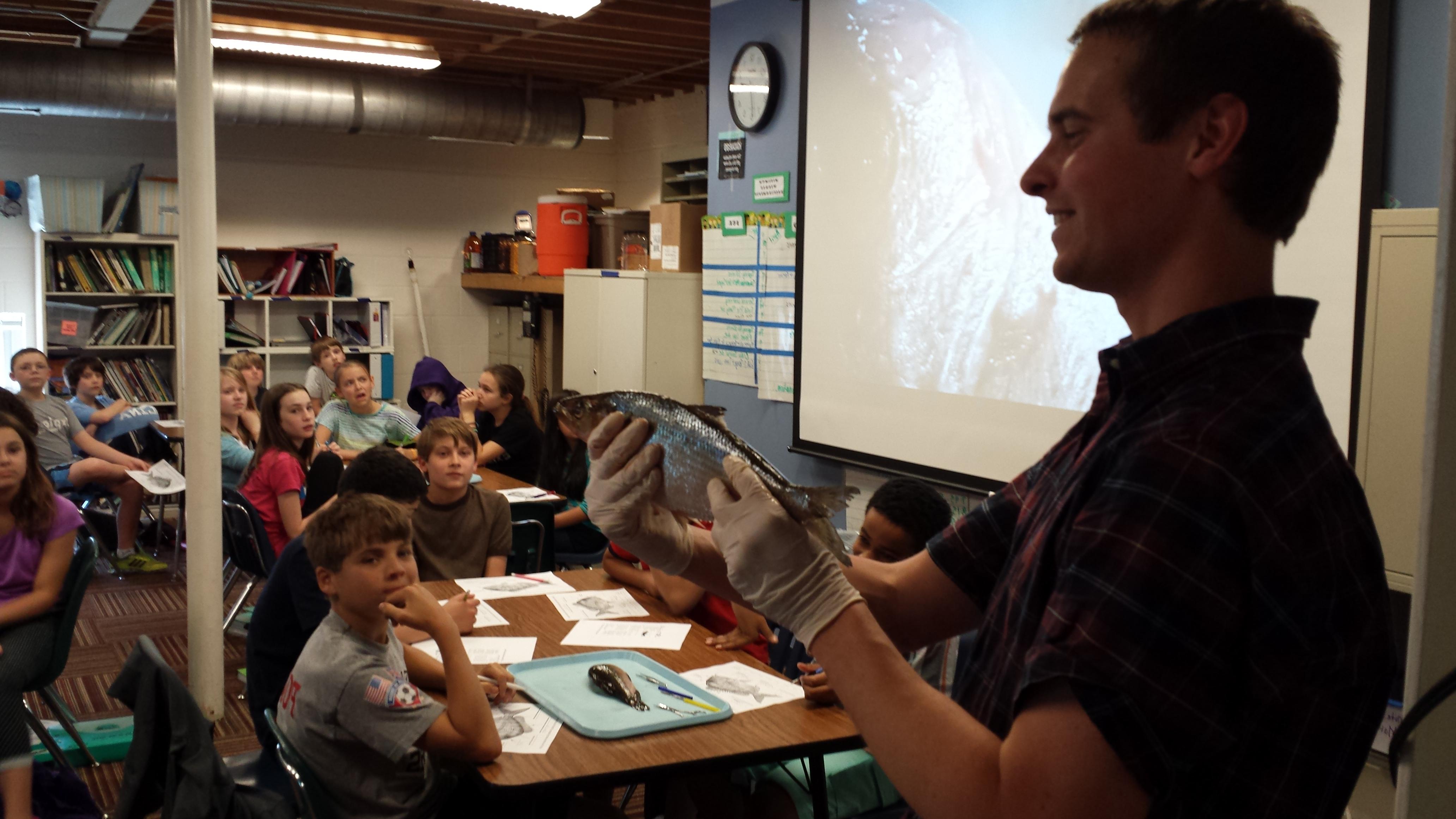 Dylan Owensby, NCSU graduate student fish anatomy lecture at Exploris Middle School